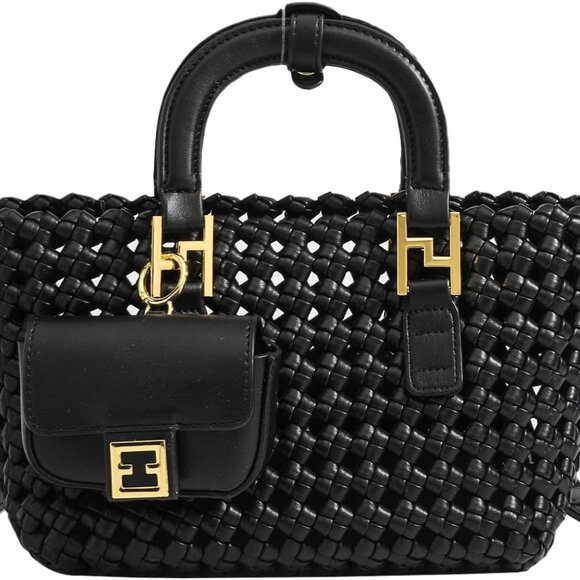 Elegant Vegan Leather Woven Crossbody Bag with Adjustable Strap - Rich Black - Picture 1 of 6